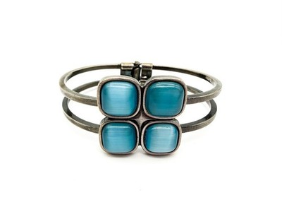 Vintage Blau Katzenauge Glas Clamper Armreif Silberfarben Klapparmband Retro