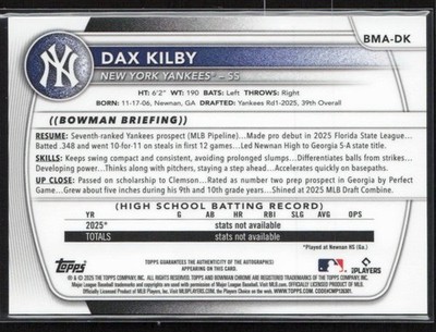 2025 Bowman Draft #BMA-DK Dax Kilby Autograph Mojo Refractor Auto