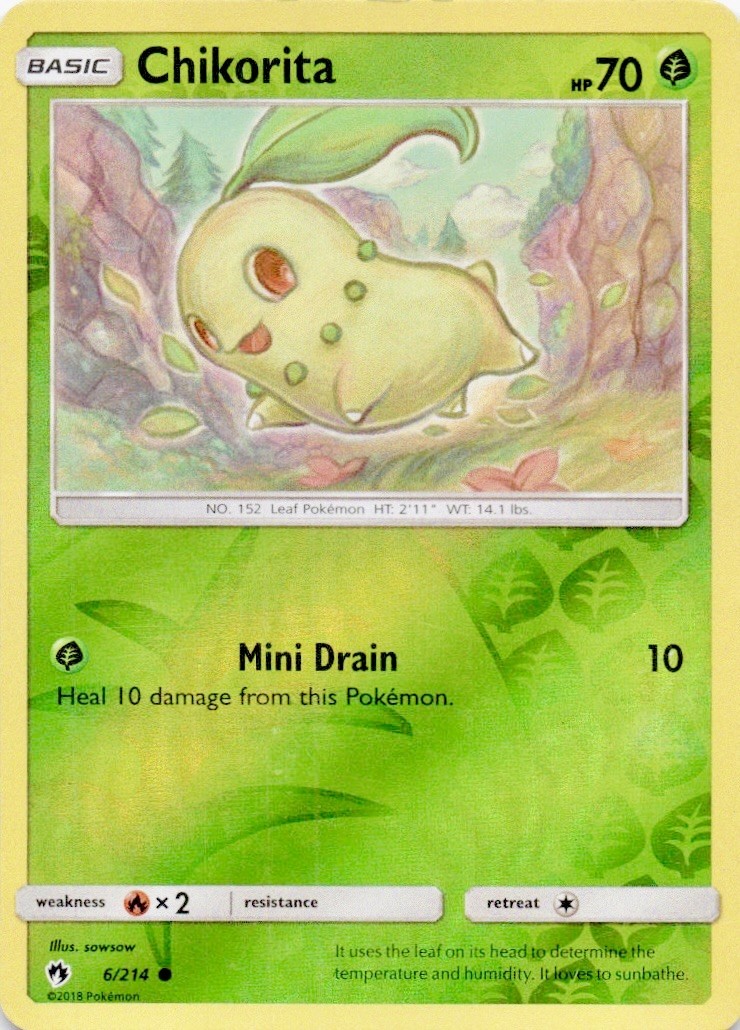 Chikorita 6/214 Common Lost Thunder Pokemon Reverse Holo Lightly Played