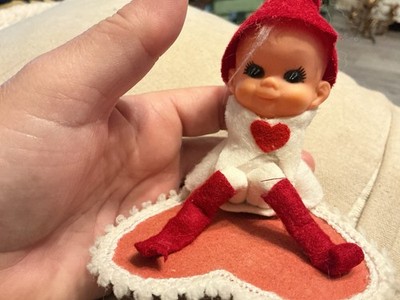 Adorable Vintage Japan Knee Hugger Pixie Elf On Heart Valentines Day Love