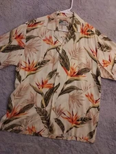 Vintage Paradise Found Shirt Mens Medium Floral Print Magnum PI Camp Biege FLAWS