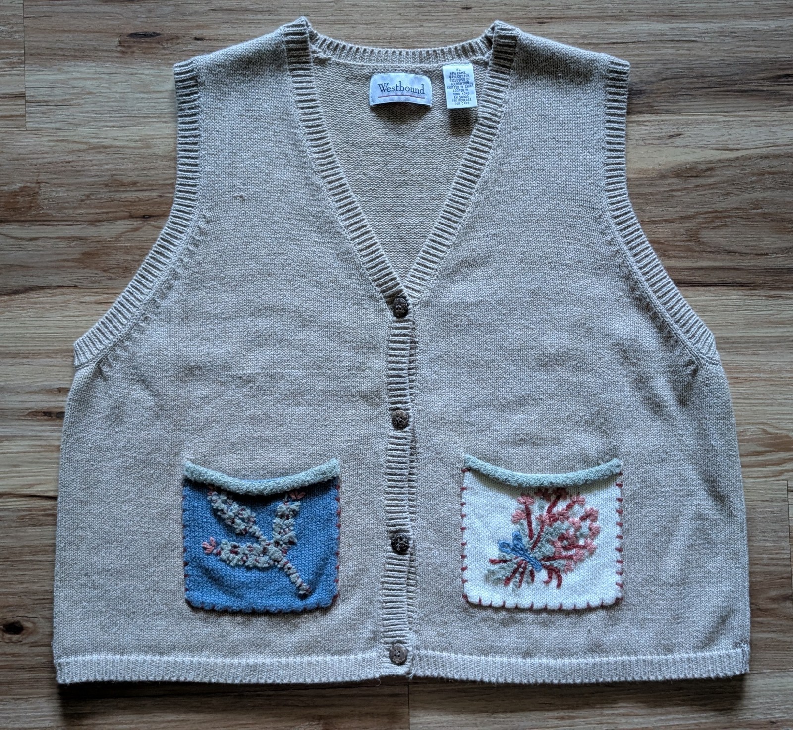 Vintage Knit Sweater Vest Womens XL Oatmeal Embroidered Cottagecore Grandmacore