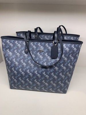NWT COACH Reversible City Tote With Horse And Carriage Print 91107 blue