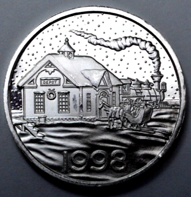 1998 1 OZ 999 Silver ROUND Santa on Sleight, Depot Locomotive