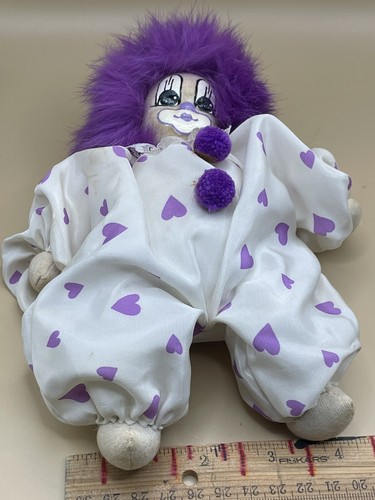 Vintage 8 Zoll handbemaltes Tuch Kiesel/Sand gefüllt Clown lila Haare lila Herzen - Bild 8 von 9