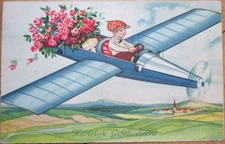 1933 Art Deco Aviation Postcard: Boy in Airplane, Color Litho