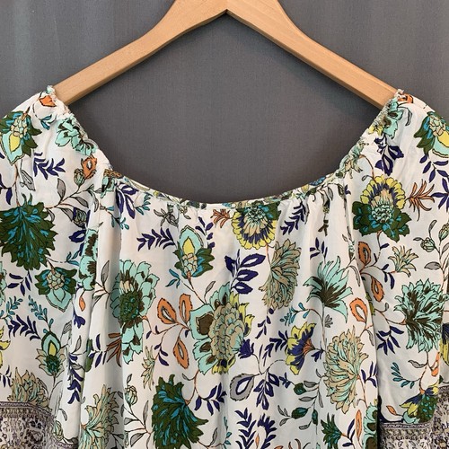 Fig & Flower Top Size Large Colorful Floral Artsy Cottage Boho Ruffle Tie Neck - Picture 11 of 18
