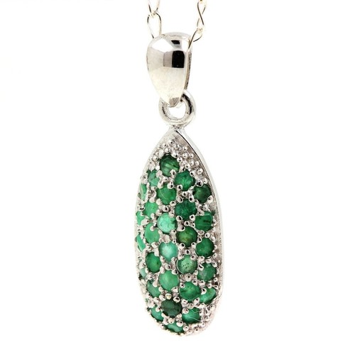 Pendentif Ovale Argent Massif 925 Avec Émeraude Synthétique Et Zirconiums - Vert
