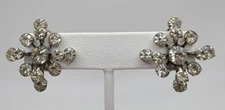 Women's Vintage Rhombus Burst Rhinestone Clip-On Earrings Silver Tone 