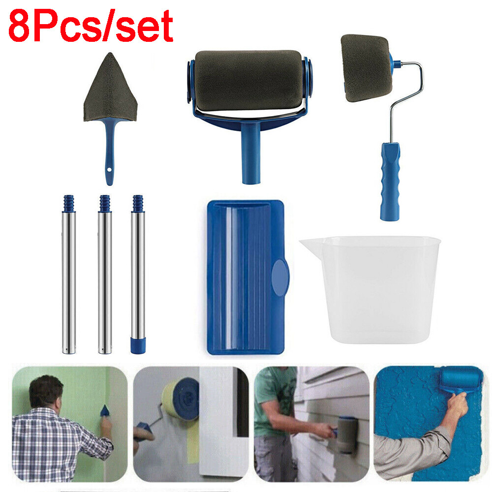 8Pcs Paint Runner Pro Roller Brush Set Edger Handle Tools Kit Wall