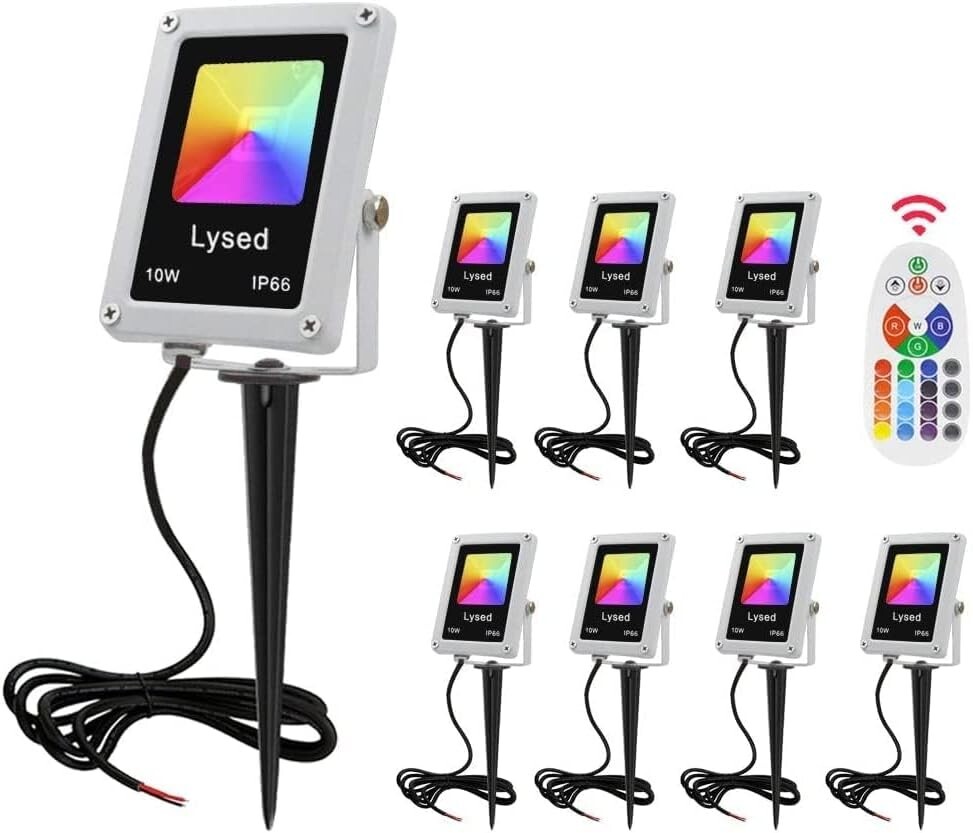 RRDWQ-10W RGB Color Changing Landscape Lights, Outdoor Waterproof LED Spotlights Remote Plug Garden Yard Patio Driveway Birthday Holidays Decoration