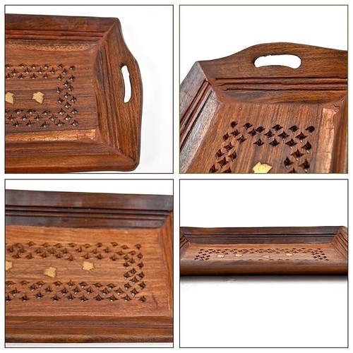 Handmade Wooden Serving Trays Rustic Nesting Tea Coffee Snack Tray with Handles - Picture 3 of 7