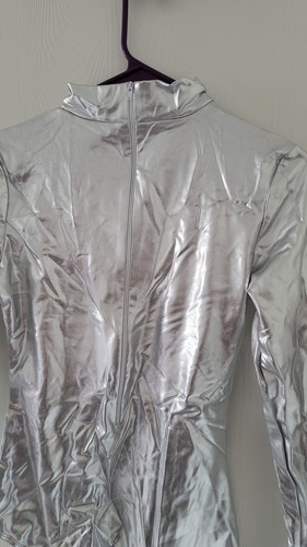 Women's Adult Silver Neon Bodysuit Back Zipper Long Sleeve size S/M NWOT - Picture 3 of 11