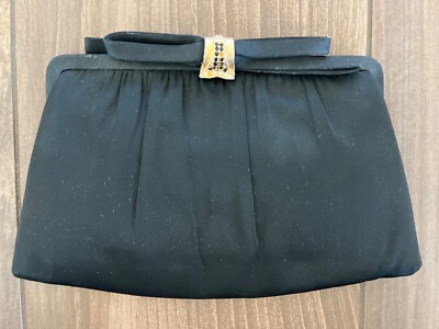 Vtg After Five Clutch Black Satin Evening Purse Gold Chain Black Rhinestones