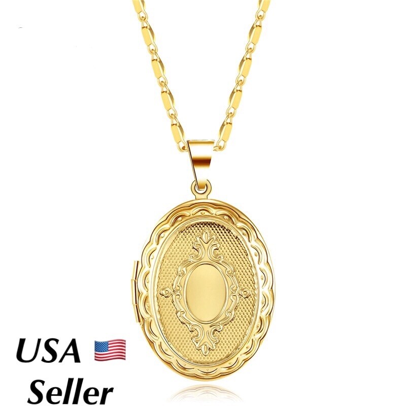 18k Gold Plated Oval Round Photo Picture Locket Pendant Necklace