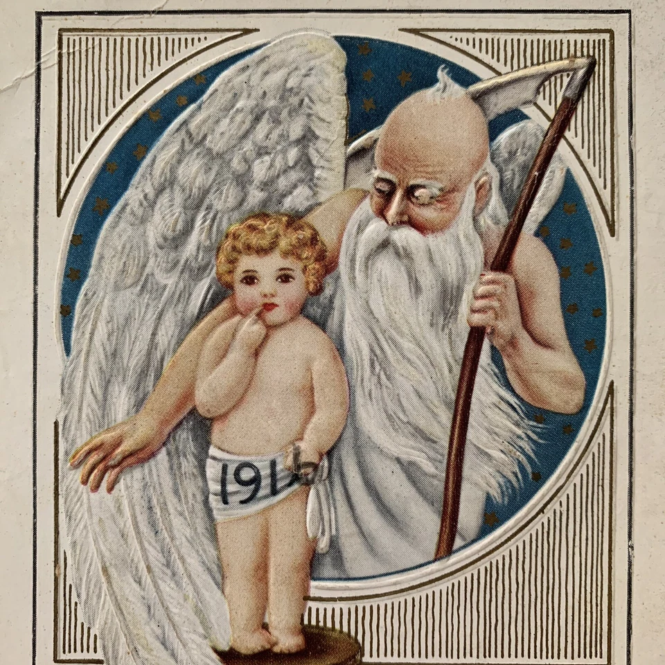 Antique Embossed Foil Postcard Baby New Year Father Time Scythe 1916 Postmark - Image 2 of 4