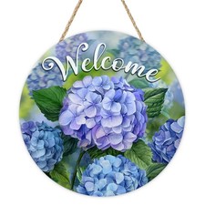 Welcome Spring Summer Hydrangea Flower Front Door Sign, Floral Wood Plaque Ha...