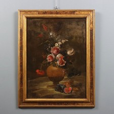Dipinto Antico Natura Morta con Fiori Olio su Tela Italia XVIII Secolo Originale