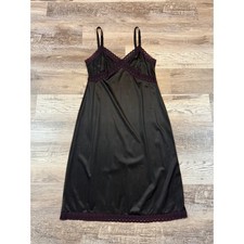 Vintage 60s 70s Black Nylon Full Slip Nightgown Lace Lingerie Gothic Size 36 S