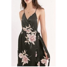 Urban Outfitters Satin Floral Wrap Maxi Dress Black Pink Spaghetti Strap S