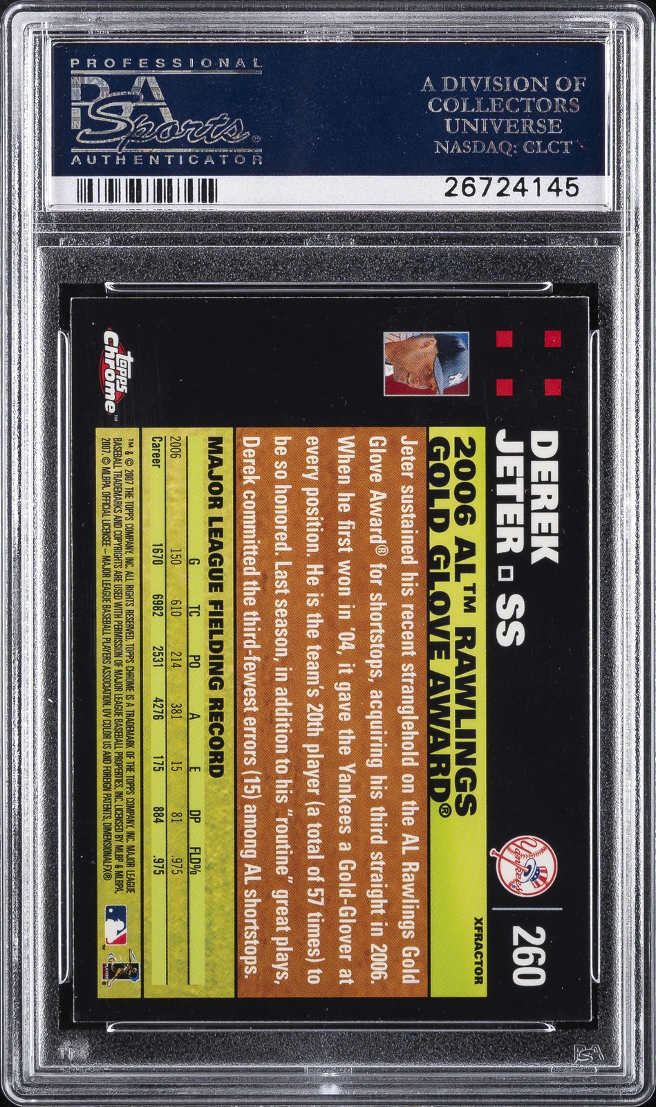 2007 TOPPS CHROME XFRACTOR #260 DEREK JETER PSA 9 view 2
