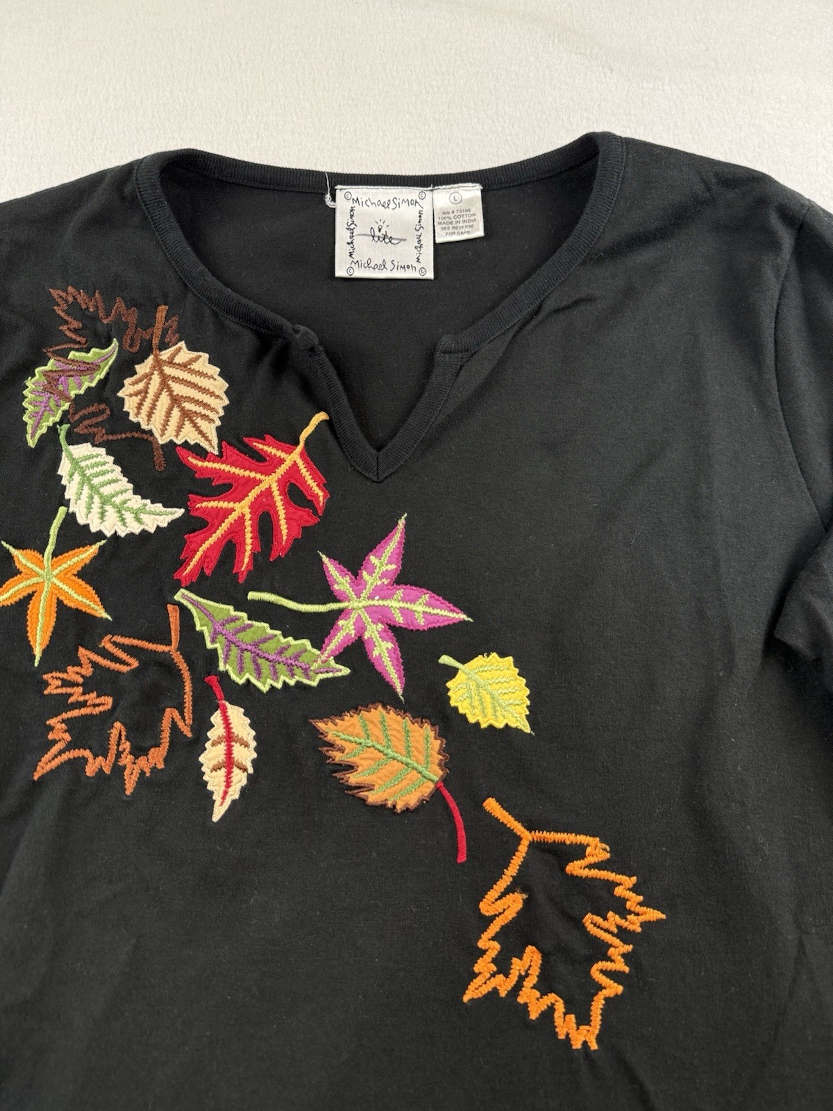 Michael Simon Black Split V Shirt Embroidered Lea… - image 7