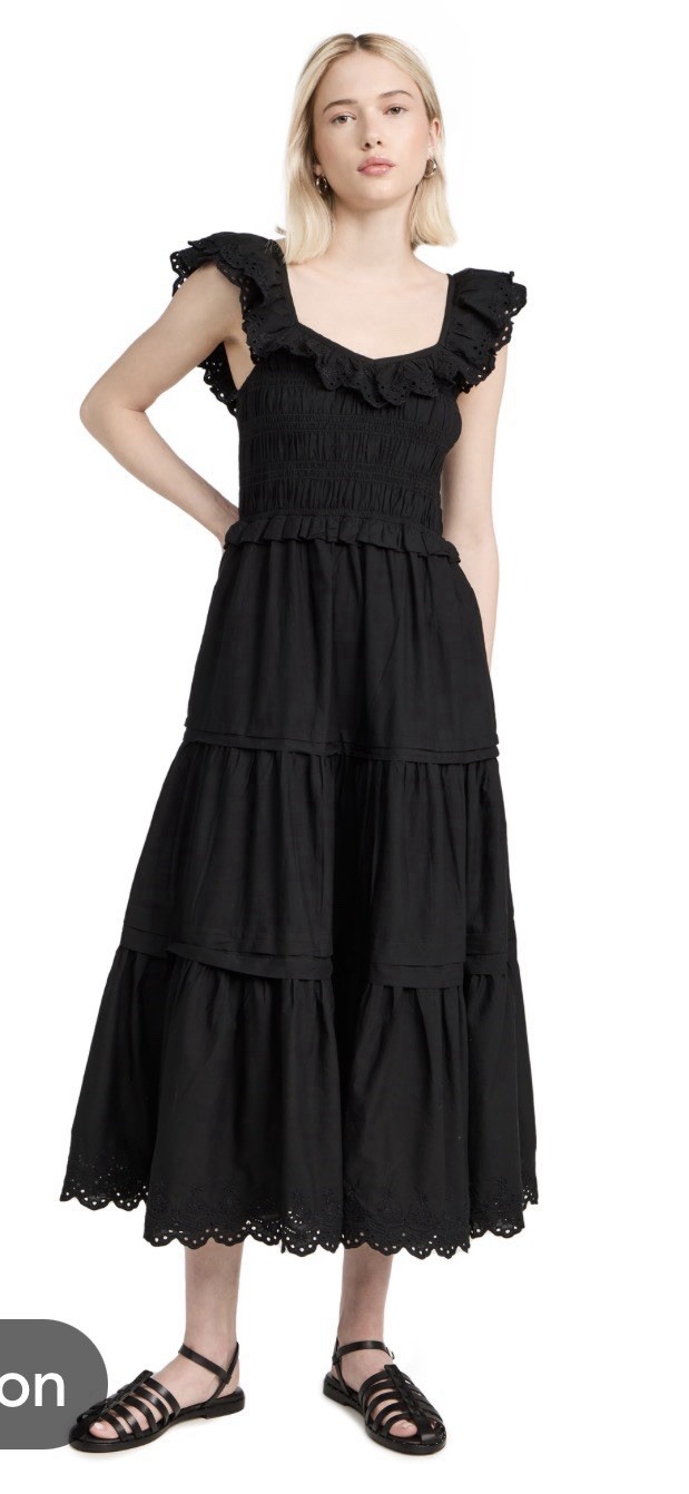 Madewell Madilyn Ruffle Neck Lucie Dress Black Sz 0 Smocked Tiered Skirt Midi