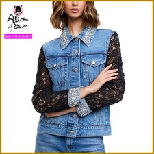 Alice Olivia Jeff Embellished Blue Black Floral Lace Sleeve Denim Jacket XS