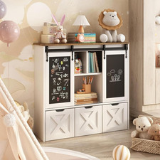 Toy Storage Organizer with Sliding Chalkboard, Kids Bookshelf and Bookcase with