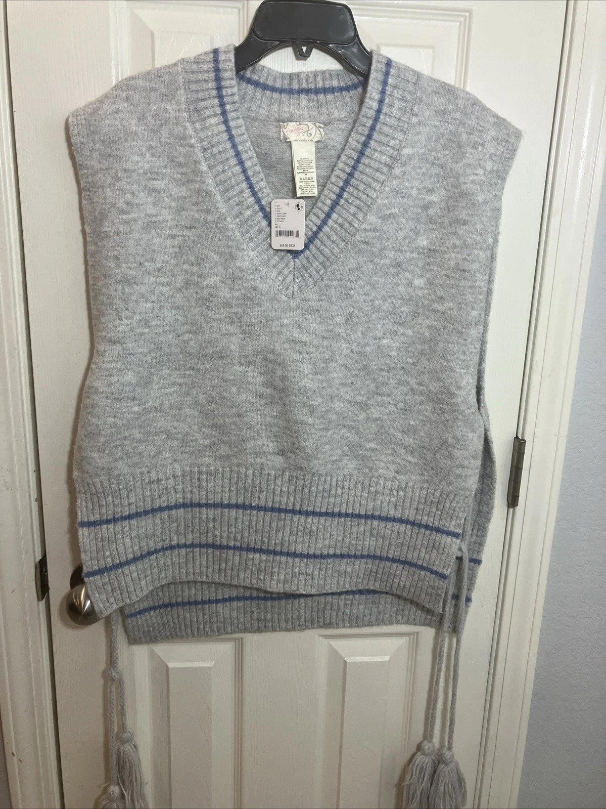 NWT Free People All Star Striped Poncho Vest Womens One Size Grey Oversized Knit
