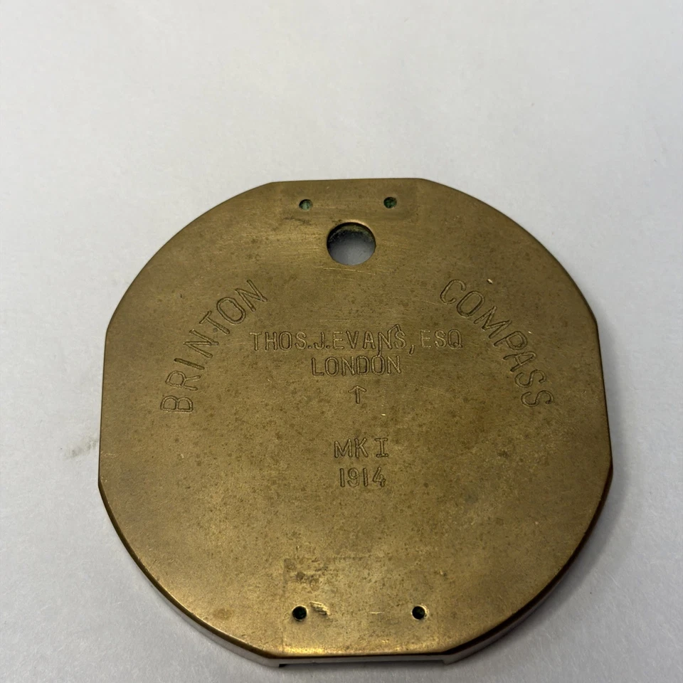 ANTIQUE BRASS BRINTON COMPASS THOMAS J. EVANS, 1914 MK1 (loose Pieces inside) - Image 3 of 4