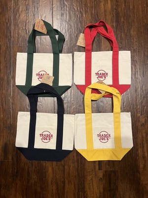 Trader Joe's Mini Canvas Tote Bags Set of 4 Red Yellow Navy Green Collectible