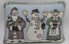 Tapestry Christmas Throw Pillow Santa Snowman Angel Holiday Decor 17x12 Vintage