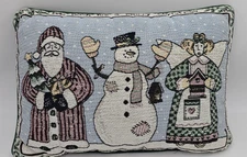 Tapestry Christmas Throw Pillow Holiday Scene Santa Snowman Angel 17"x12"