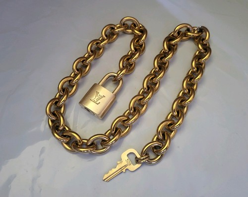 Authentic Louis Vuitton Goldtone Padlock Lock & Key & Gold Plated Link Necklace