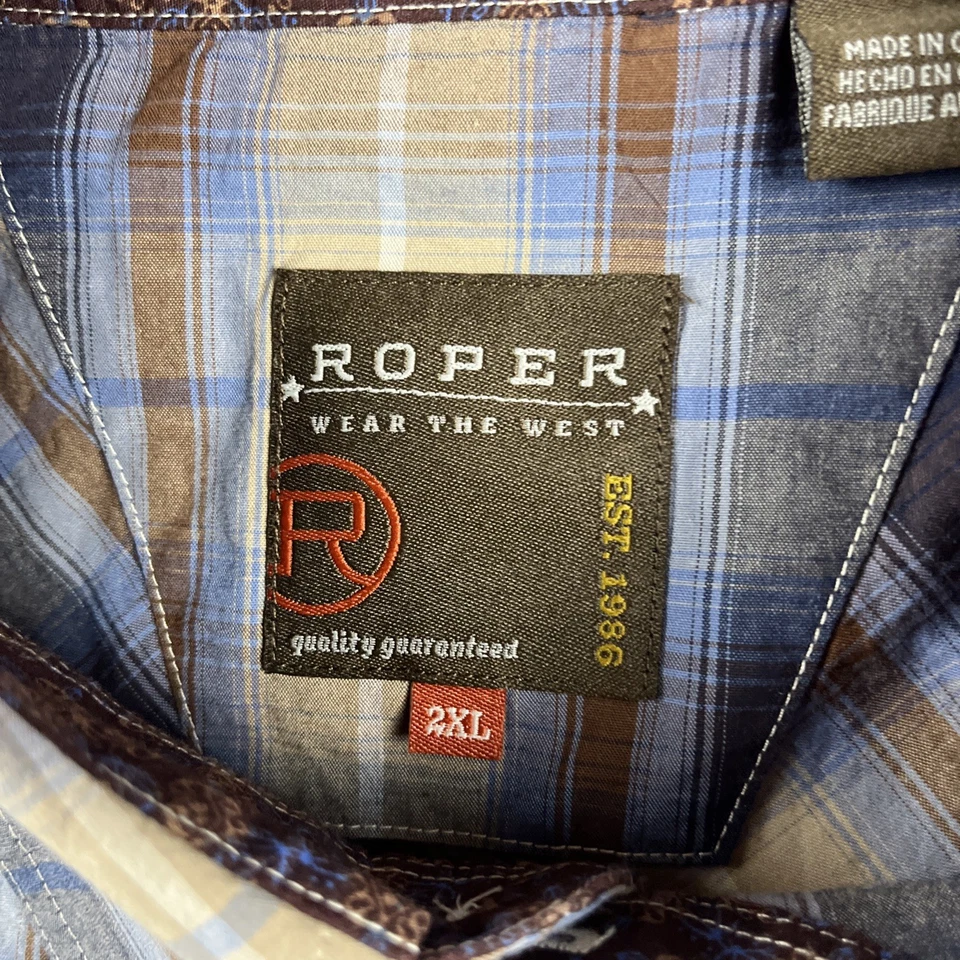 Camisa Roper Para Hombres 2XL Azul Cuadros Cachemira Puño Abatible Vaquero Perla Occidental A Presión Usada en Excelente Condición Foto 3 de 4