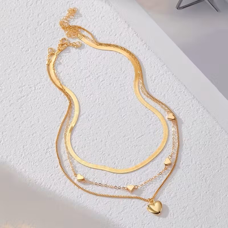 Gold Layered Heart Necklace Set Women 3 Layer Choker Chain Pendant Jewelry Gift