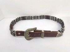Womens Vintage Western Brown Leather Beaded Concha Belt Sz 29-32 Silvertone 90's