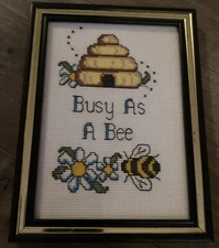 Cross Stitch Picture Busy As A Bee Hive Flowers And Bees 5x7” Framed