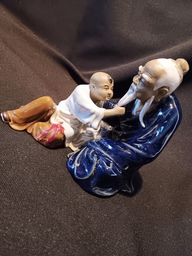 VTG Chinese Wanjiang Mudman Figurine Child Touching Old Man Beard Blue - Picture 2 of 11