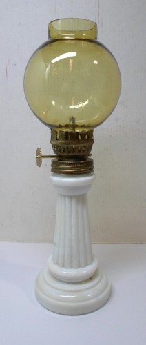 Vintage SMALL GLASS OIL KEROSENE LAMP Milk Glass Column Base Amber Globe 8.5 In - Picture 2 of 9