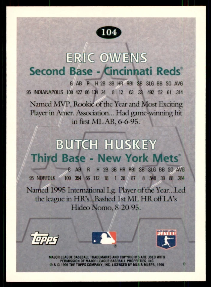1996 Topps Eric Owens/Butch Huskey Baseball Cards #104 - Image 2 of 2
