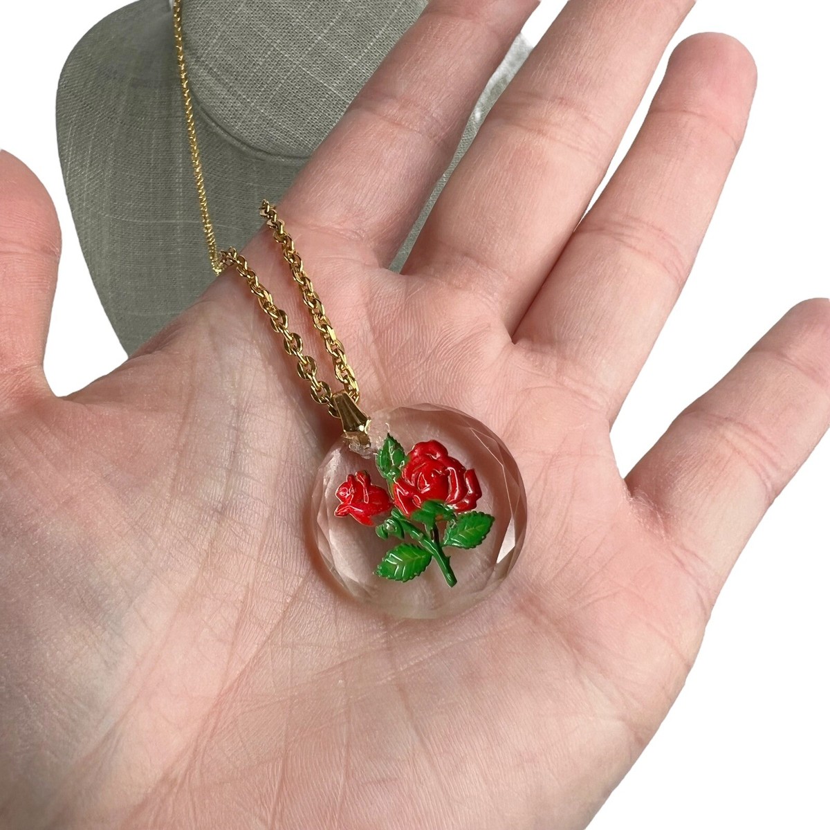 Vintage Germany Painted Red Rose Flora Round Acrylic Pendant Gold Chain  Necklace