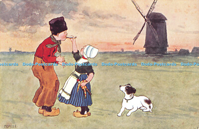 R477439 Windmühlen Hund Ein Mädchen mit einem Jungen auf der Wiese C W Faulkner Serie Nr 784