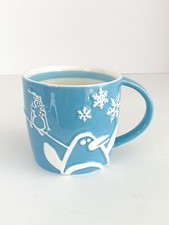 Starbucks Holiday 2007 Penguin Mug Snowflake Snowman Xmas Tree Embossed Blue 8oz