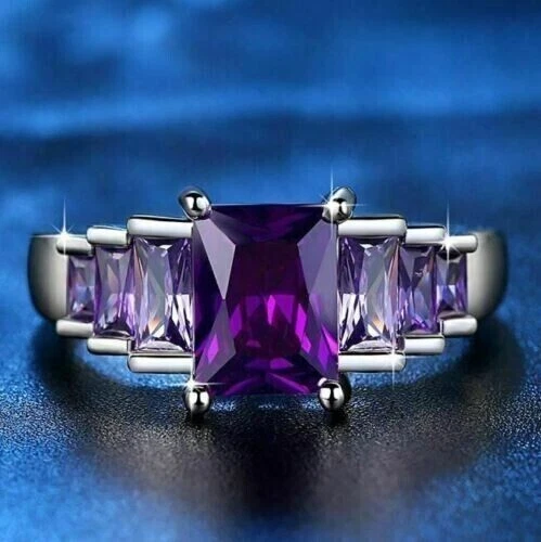 3Ct Emerald Cut Lab-Created Amethyst Engagement Ring Women 14k White Gold Plated