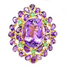 925 STERLING SILVER RING NATURAL PURPLE AMETHYST OVAL  GREEN EMERALD SIZE 8.25