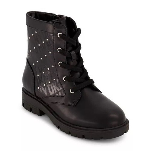 DKNY STASSI MILEY Combat Boots Studded Logo Lace Up Side Zip Black Boots Sz 4.5 - Picture 13 of 13