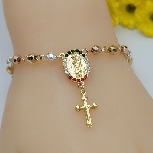 Alternate view of Tri Color Gold Plated Saint Jude With Crucifix Bracelet. San Judas Oro Laminado