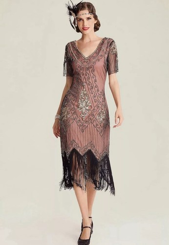 BABEYOND DRESS SIZE XSMALL CORAL GOLD BEADS FLAPPER 1920’S GREAT GATSBY PARTY - Picture 3 of 6